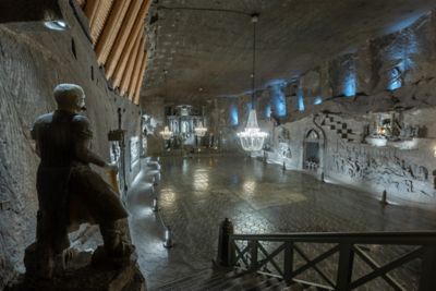 A chamber in the Wieliczka Salt Mine, Krakow, with bas-reliefs, statues and chandeliers