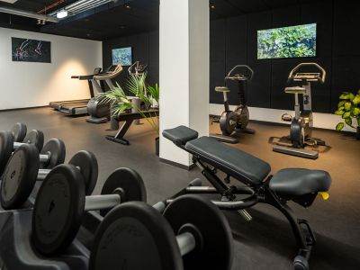 A Novotel hotel gym featuring modern fitness equipment