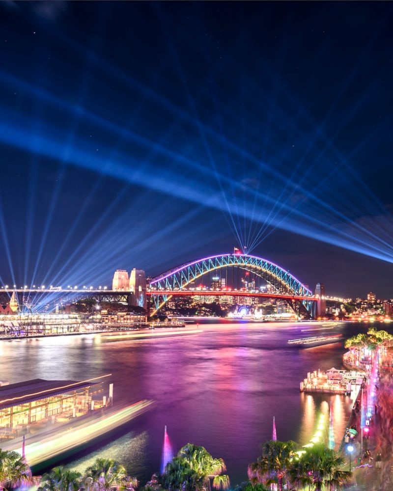 A view of the Sydney Harbour Bridge from Circular Quay during Vivid Sydney