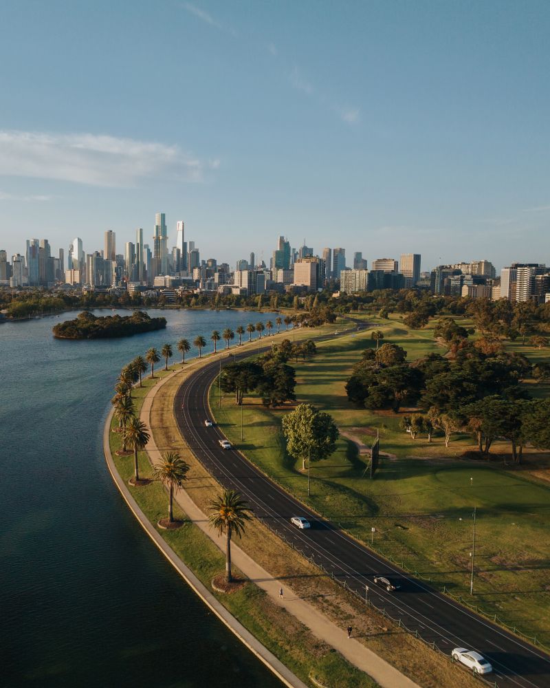 Woman alongside the Yarra River overlooking the city in Melbourne, Victoria