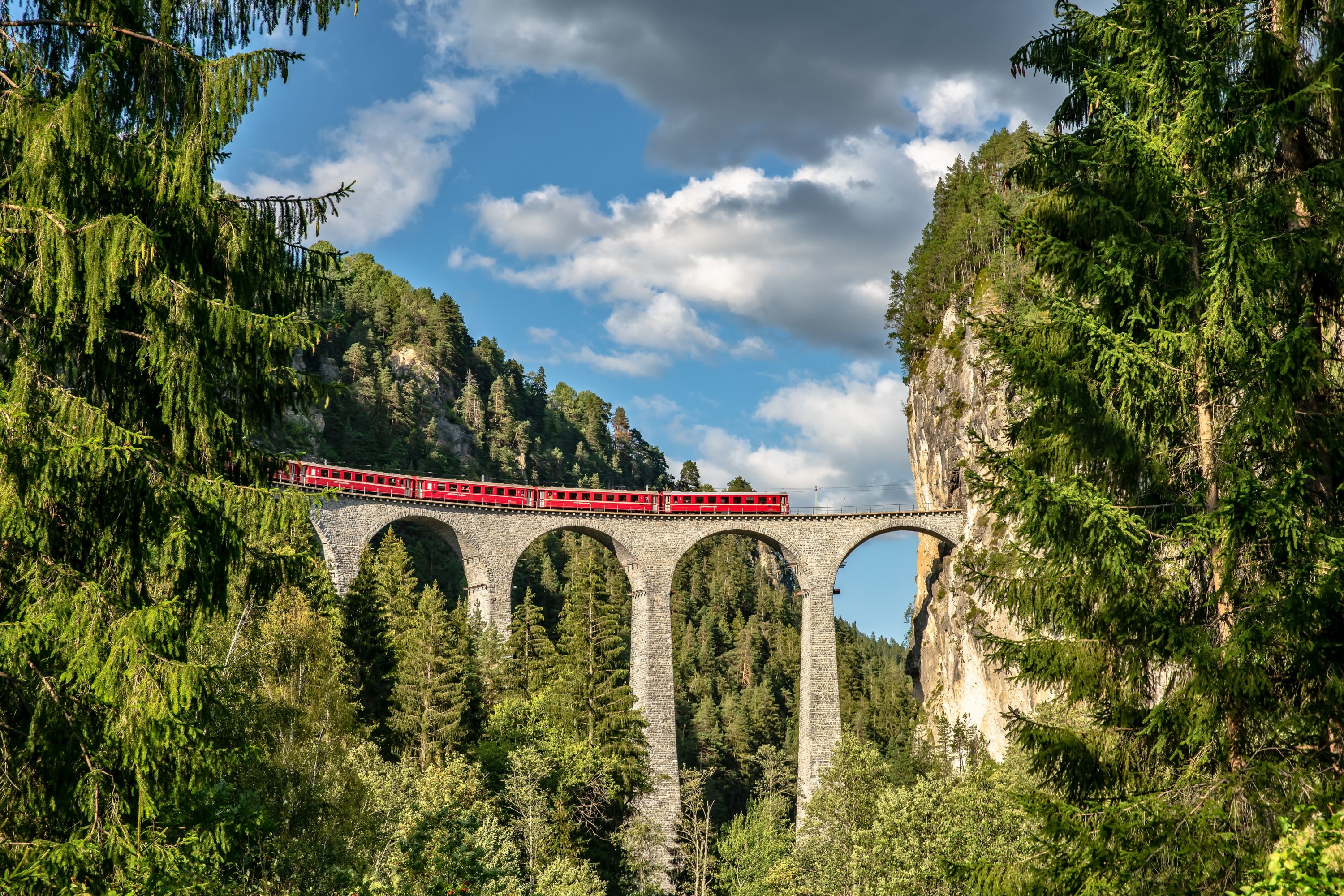 Red Train on the Landwasser Viaduct, Switzerland