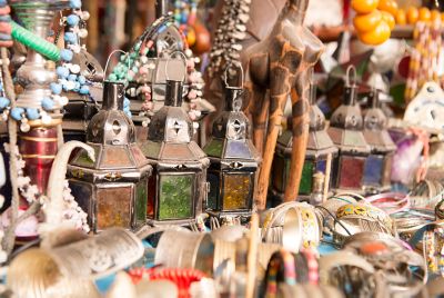 Colourful lamps and other souvenirs at a souk in Agadir, Morocco