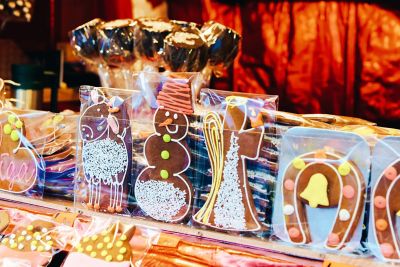 Iced gingerbread and sweet treats at a Christmas market stall in Riga, Latvia