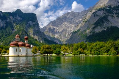 St. Bartholomew's Church on the calm shores of Königssee in the Berchtesgaden National Park