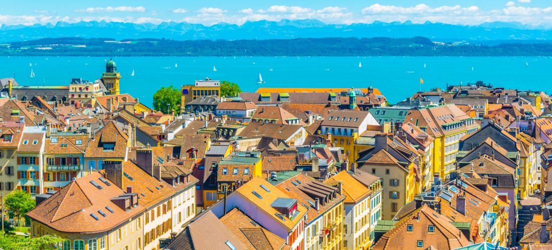 Sunny Neuchatel Town and Lake: An Aerial View
