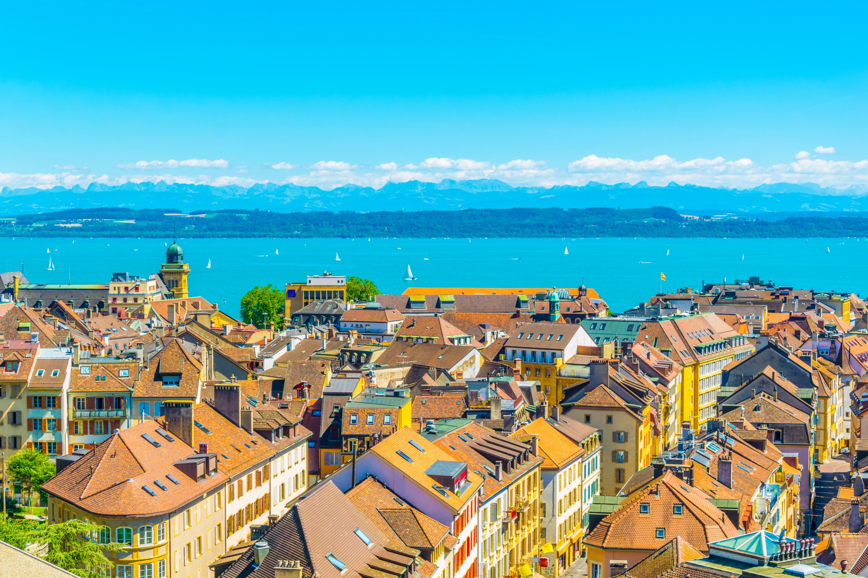 Sunny Neuchatel Town and Lake: An Aerial View