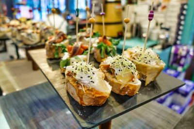 Pintxos on a platter in a lively Basque Country bar
