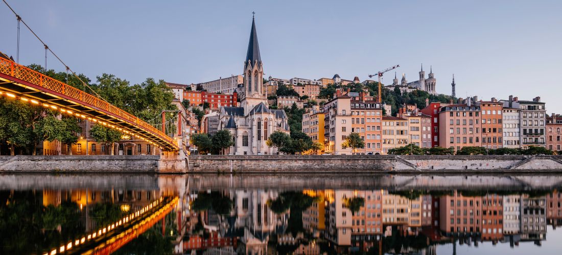 Lyon Twilight: Paul-Couturier Footbridge over the Saône River