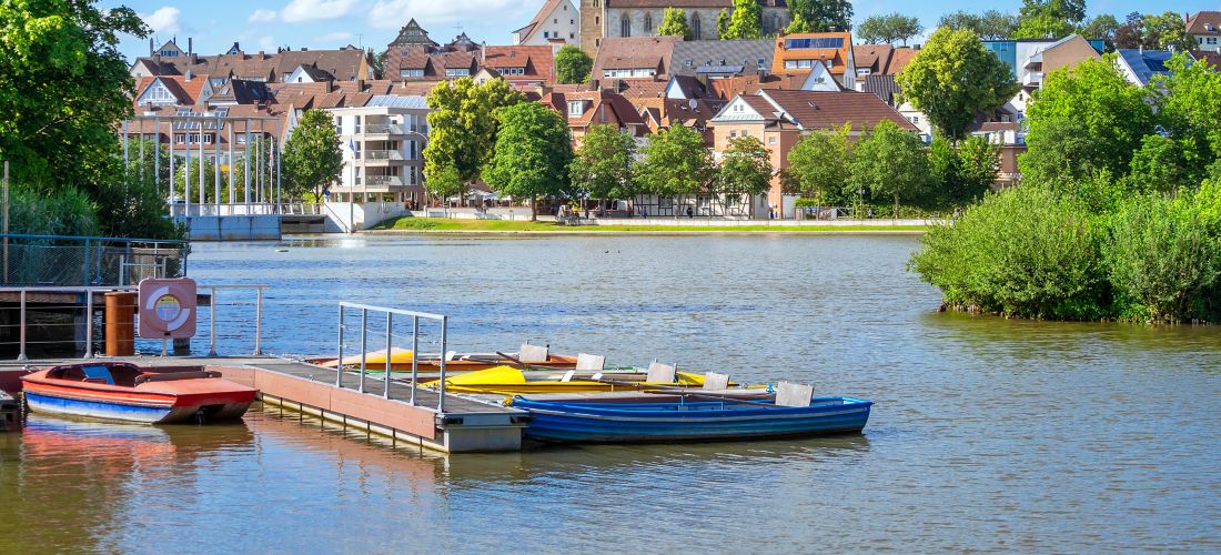 Boeblingen Lake with View to the Church and Colorful Boats