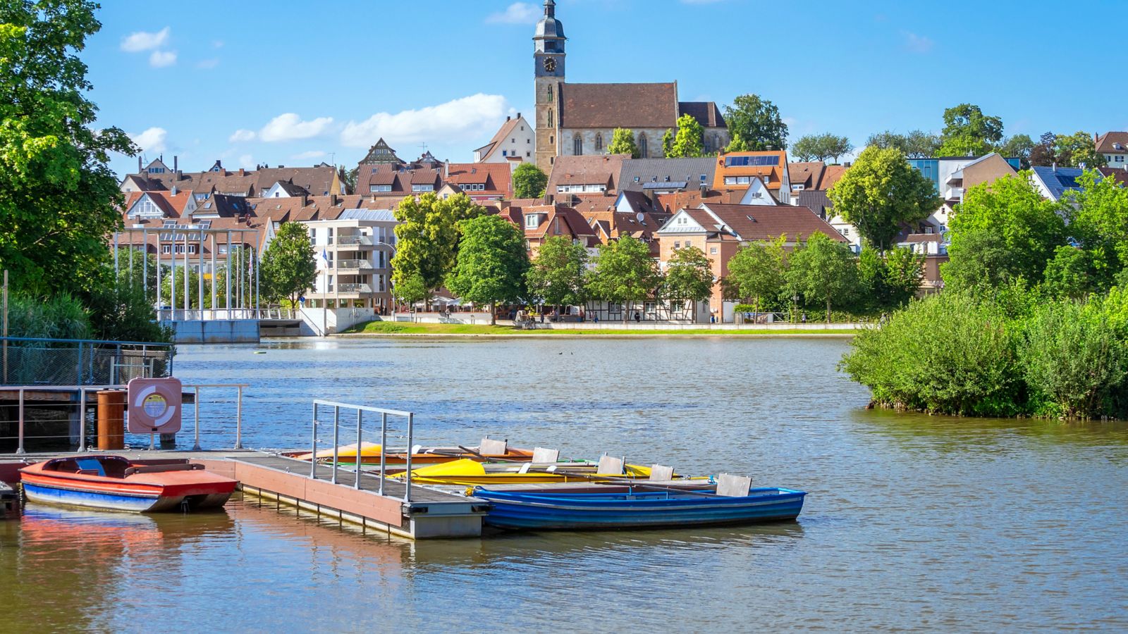 Boeblingen Lake with View to the Church and Colorful Boats