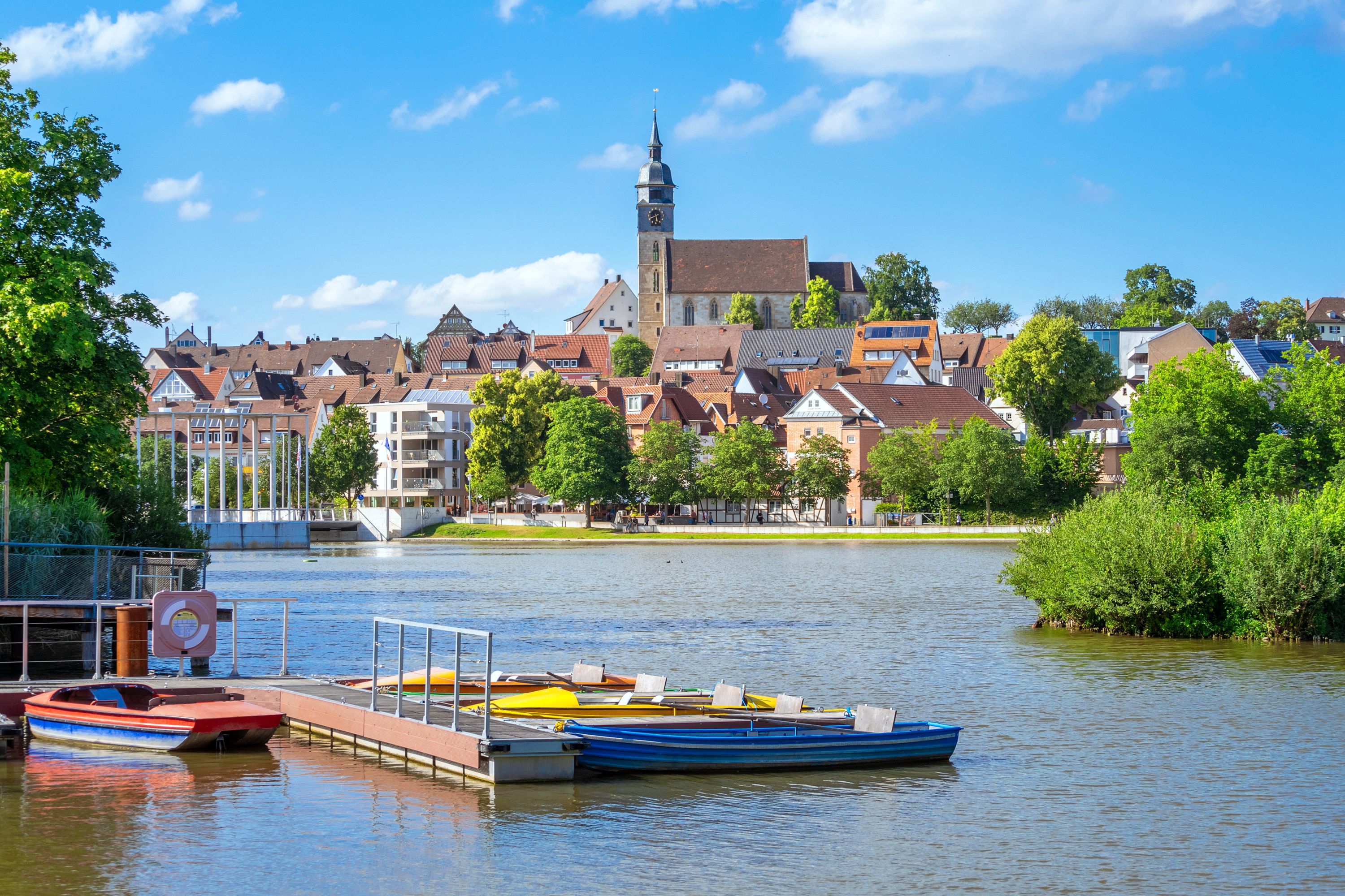 Boeblingen Lake with View to the Church and Colorful Boats