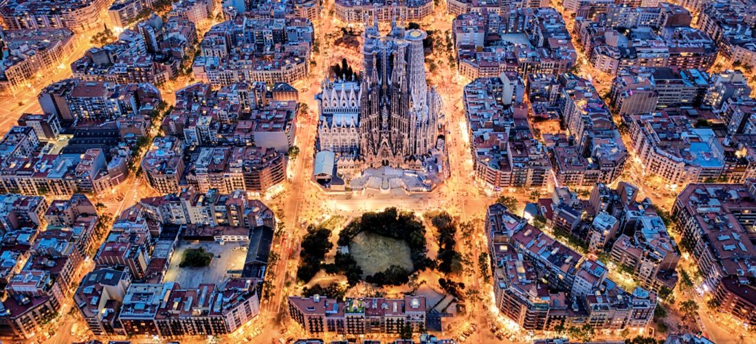 Barcelona aerial view: Sagrada Familia at twilight