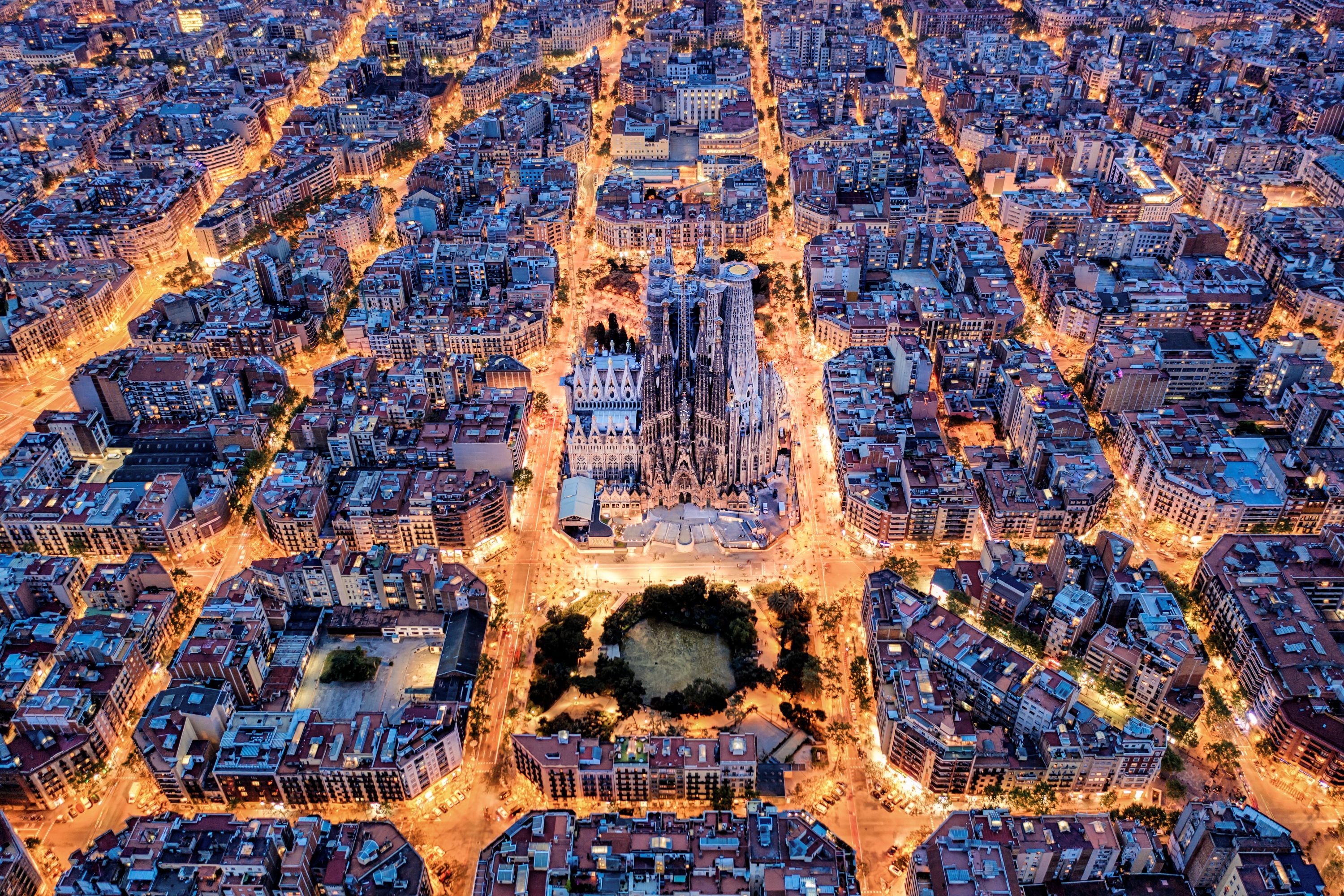 Barcelona aerial view: Sagrada Familia at twilight