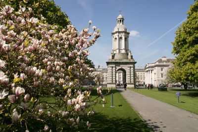 A footpath leading to the tall, domed Campanile at Trinity College Dublin
