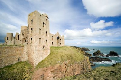 The crumbling remains of Slains Castle on bluff cliffs on the Aberdeenshire coast