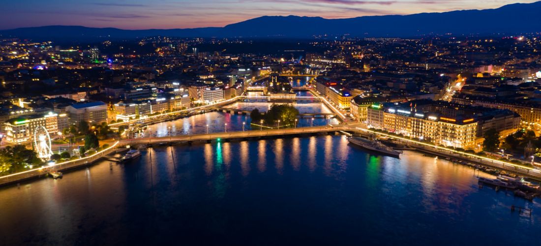 Geneva Waterfront Skyline at Night with President Wilson Hotel