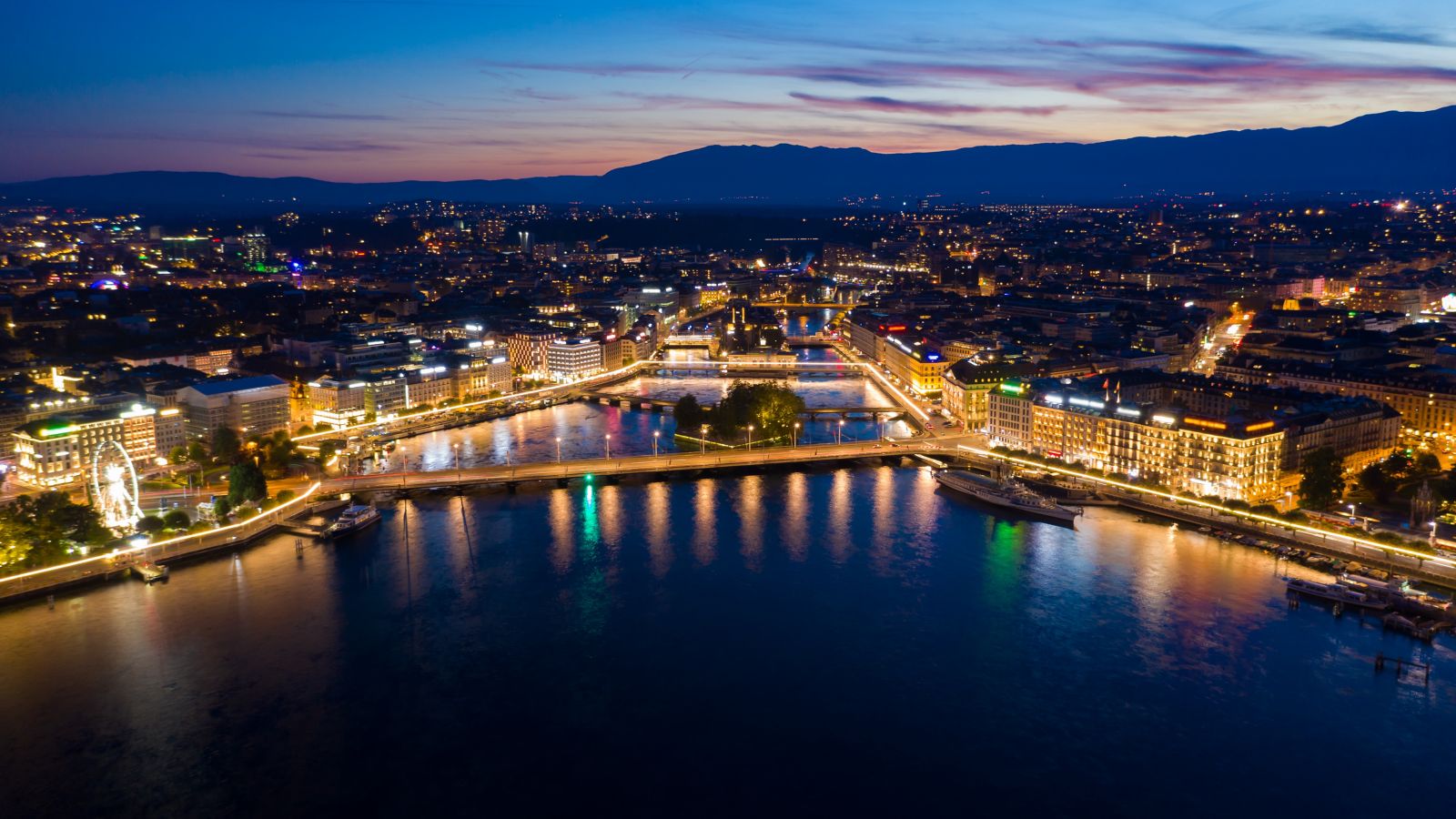 Geneva Waterfront Skyline at Night with President Wilson Hotel