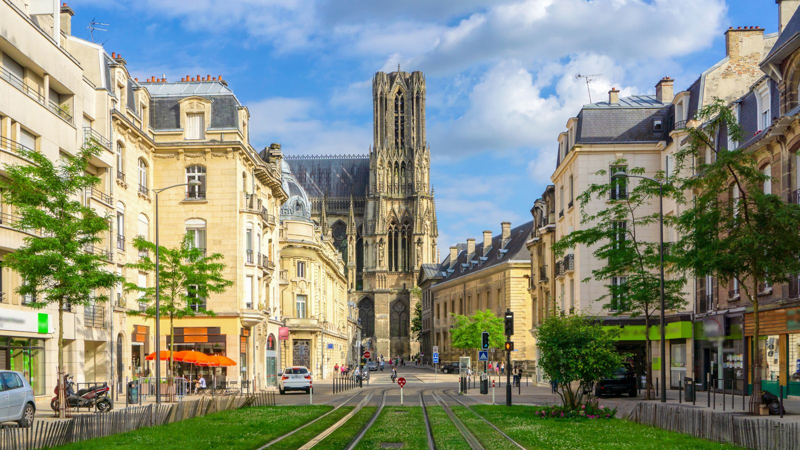 Reims City Street: Old Buildings and Cathedral View