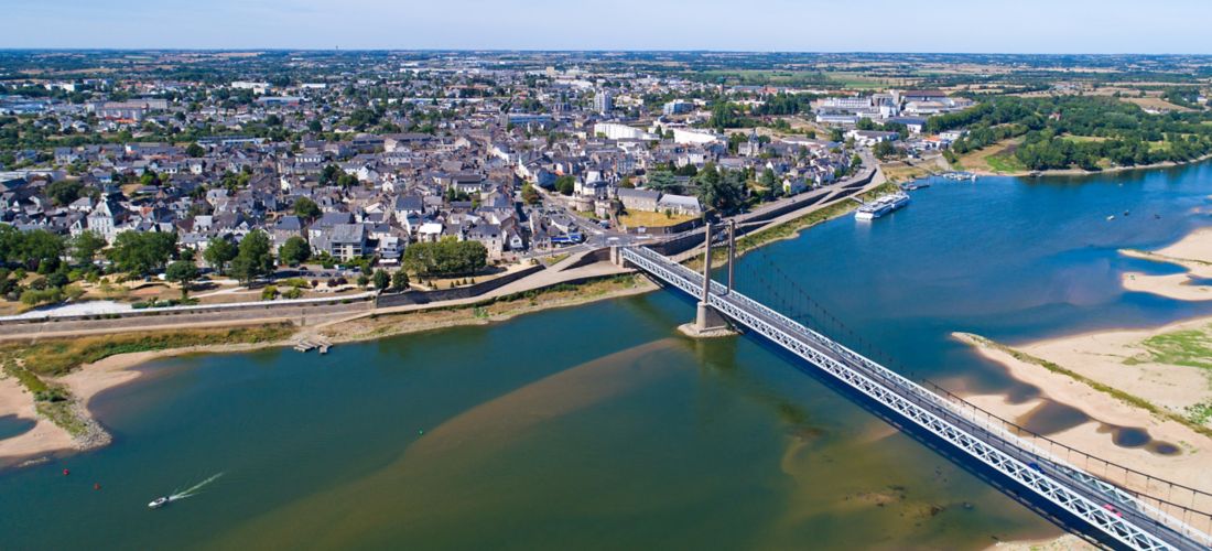 Ancenis City, France: River and Bridge Aerial View