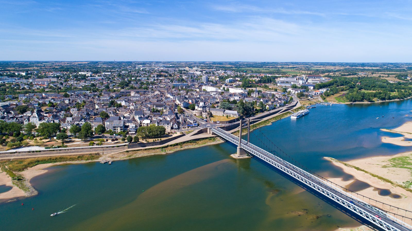 Ancenis City, France: River and Bridge Aerial View