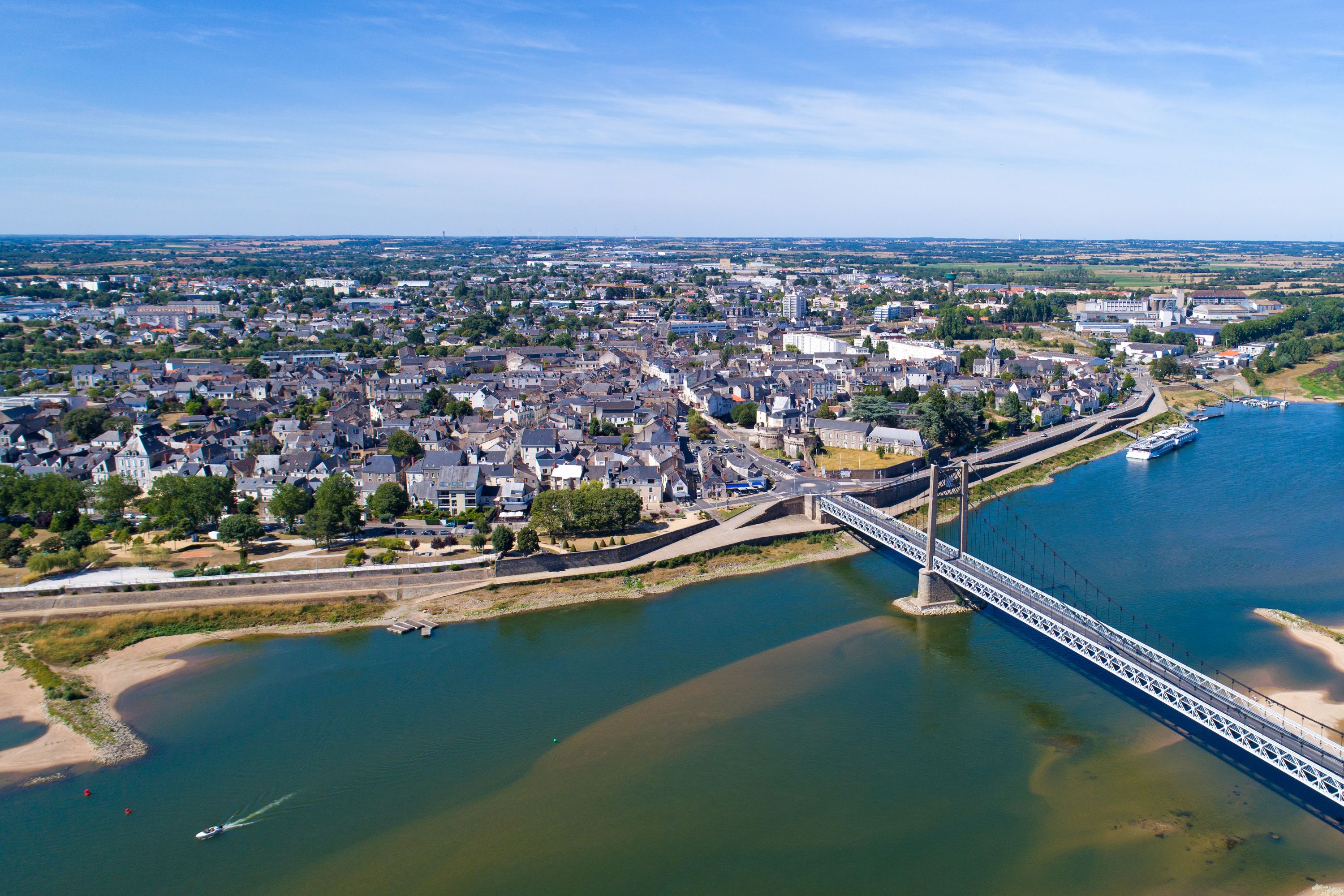 Ancenis City, France: River and Bridge Aerial View