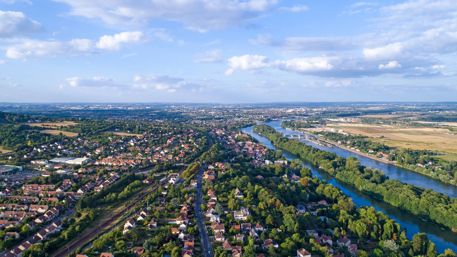 Andresy City: Aerial View of Town and River