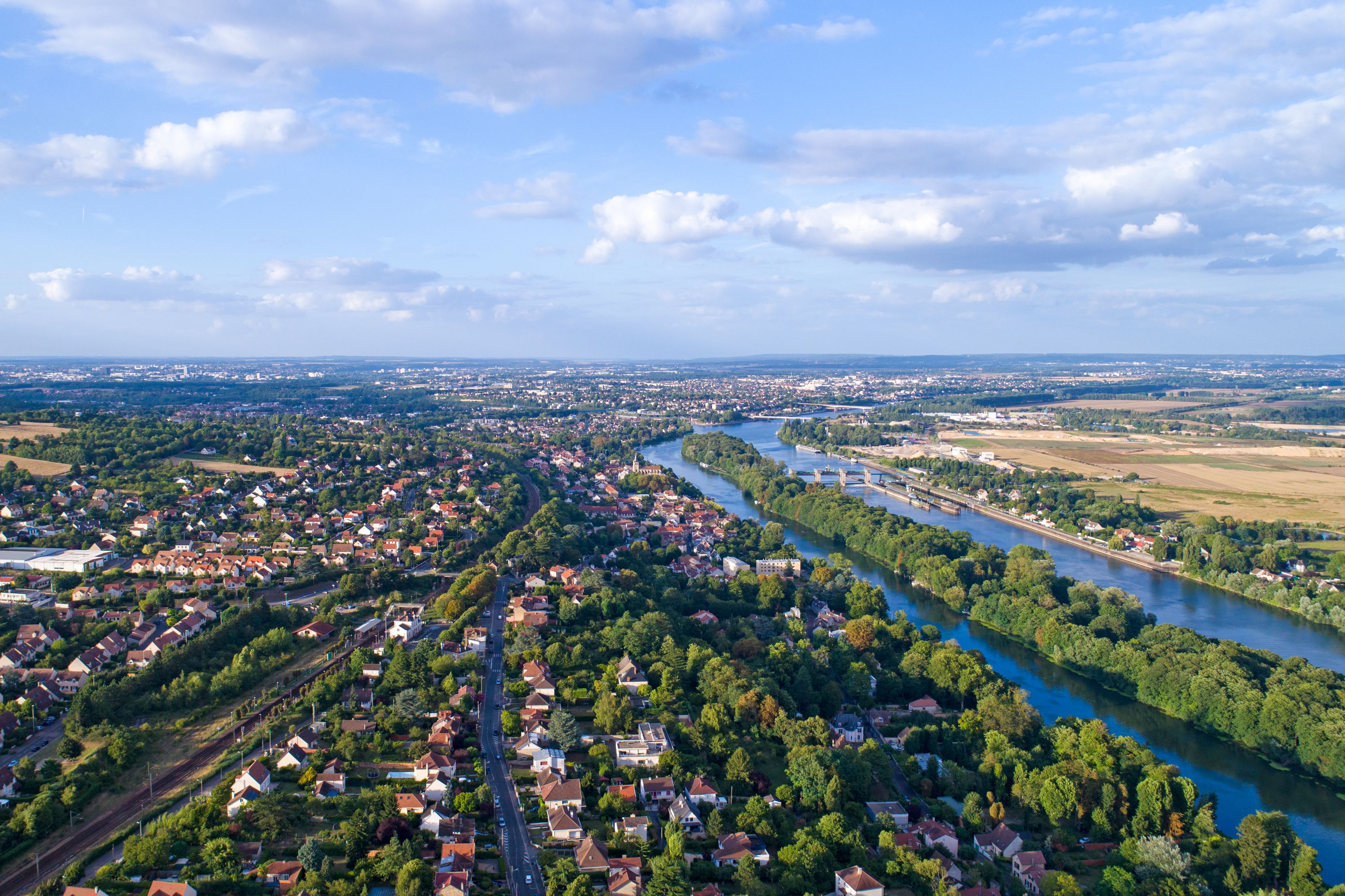 Andresy City: Aerial View of Town and River