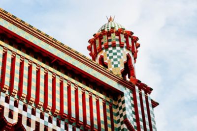 Gaudí's Casa Vicens in Barcelona, with green-and-white tiles and red brickwork