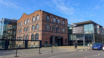 The red-brick facade of the Science and Industry Museum in Manchester