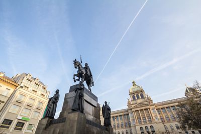 The grand equestrian statue of St Wenceslas, patron saint of Bohemia, in Wenceslas Square