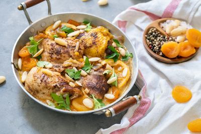 Flavoursome Moroccan-style braised chicken with dried apricots and lemons