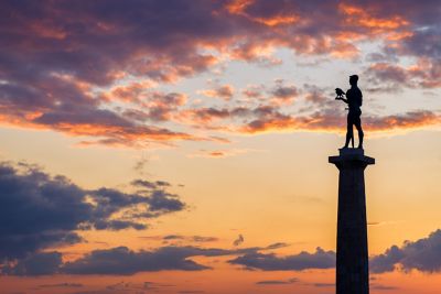 The Victor Monument, a man holding a sword and a falcon, at Belgrade Fortress