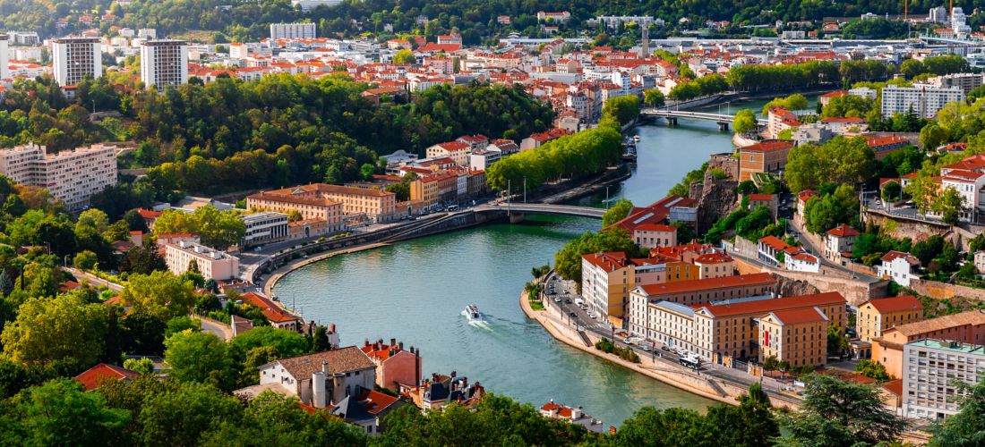 Sunny Summer Day in Lyon: Aerial View of Saône River and Suburbs
