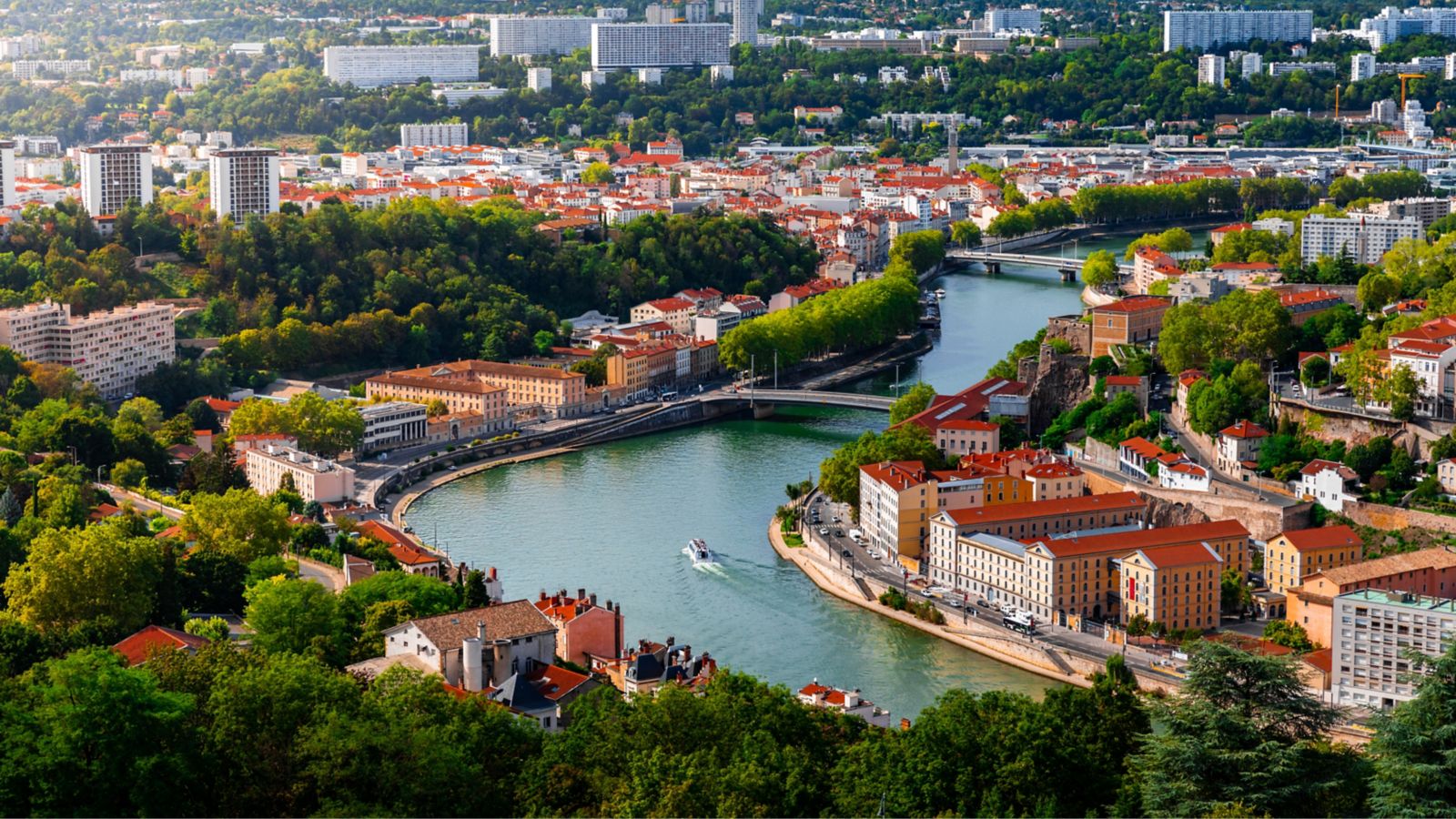 Sunny Summer Day in Lyon: Aerial View of Saône River and Suburbs