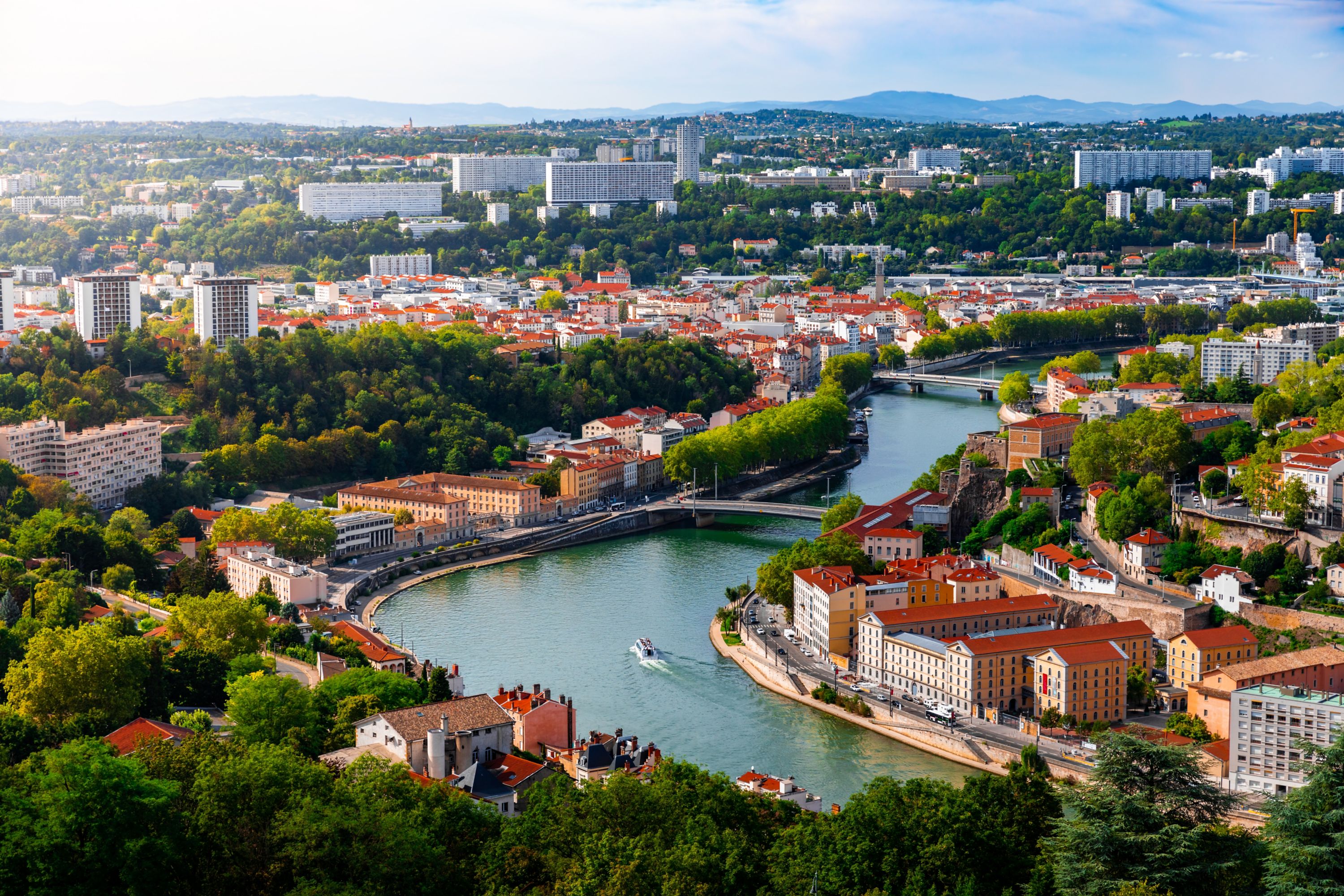 Sunny Summer Day in Lyon: Aerial View of Saône River and Suburbs