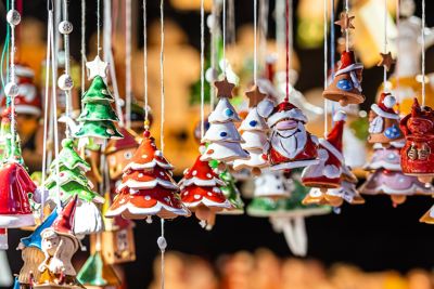 Glazed, colourful ceramic decorations at a Christmas market in Riga, Latvia