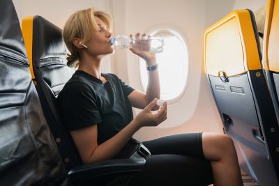 A traveller on a long-haul flight drinking from a bottle of water