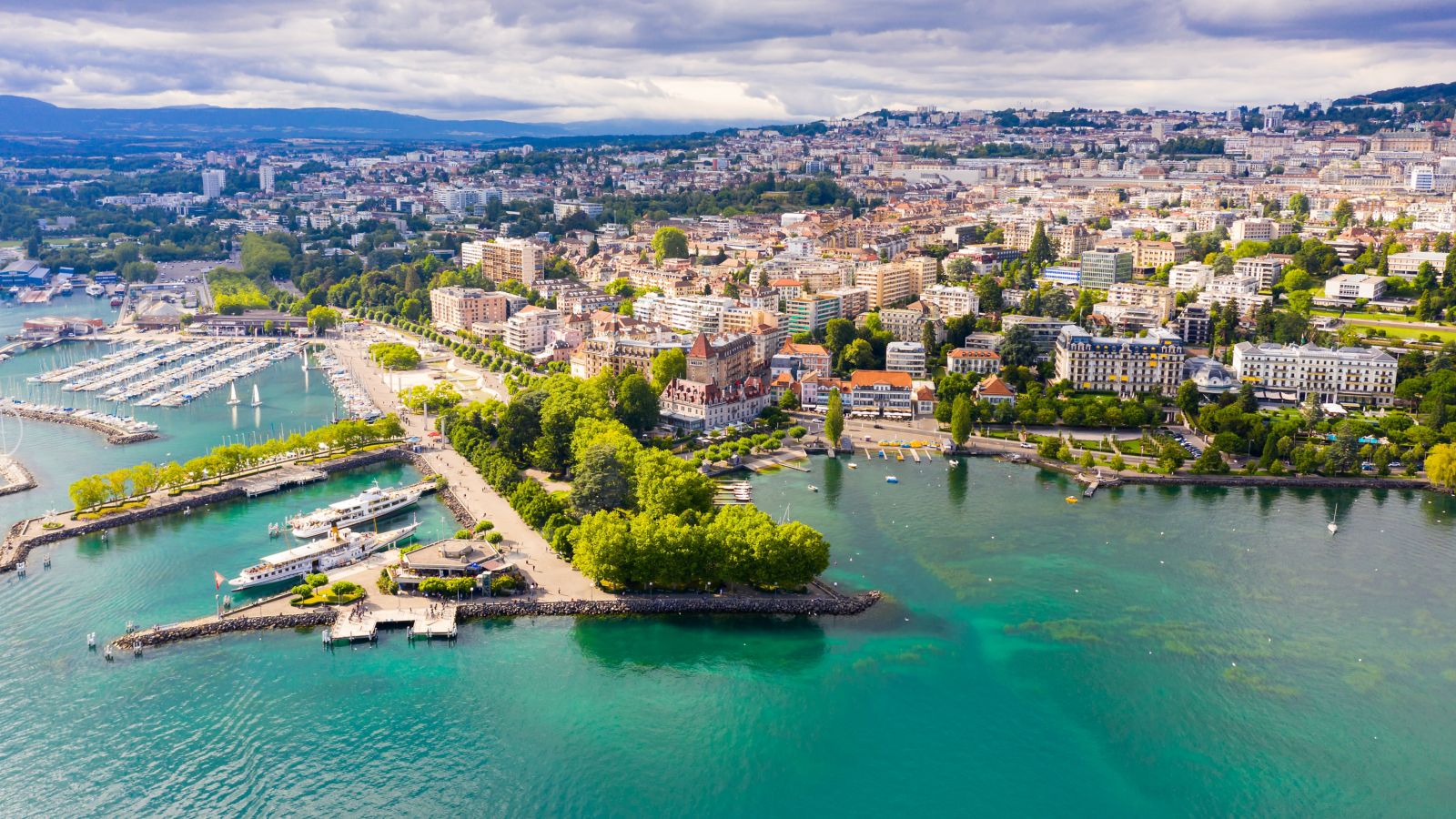 View from drone of Swiss town Lausanne