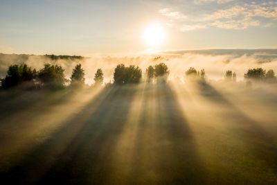 Dramatischer Sonnenaufgang in einem Tal mit Lichtstrahlen, die über Bäumen durch den Nebel brechen