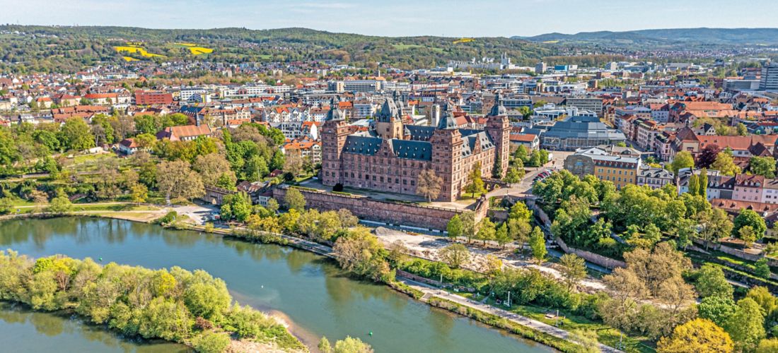 Aerial view of Aschaffenburg, Germany with Johannisburg Palace