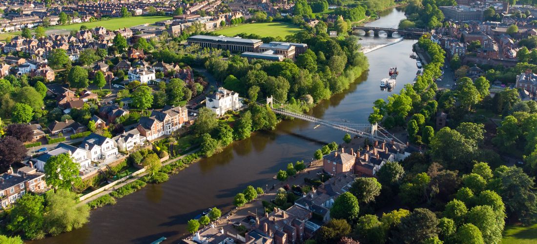 Dusk over Chester: River Dee, Queens Park Bridge, Old Dee Bridge