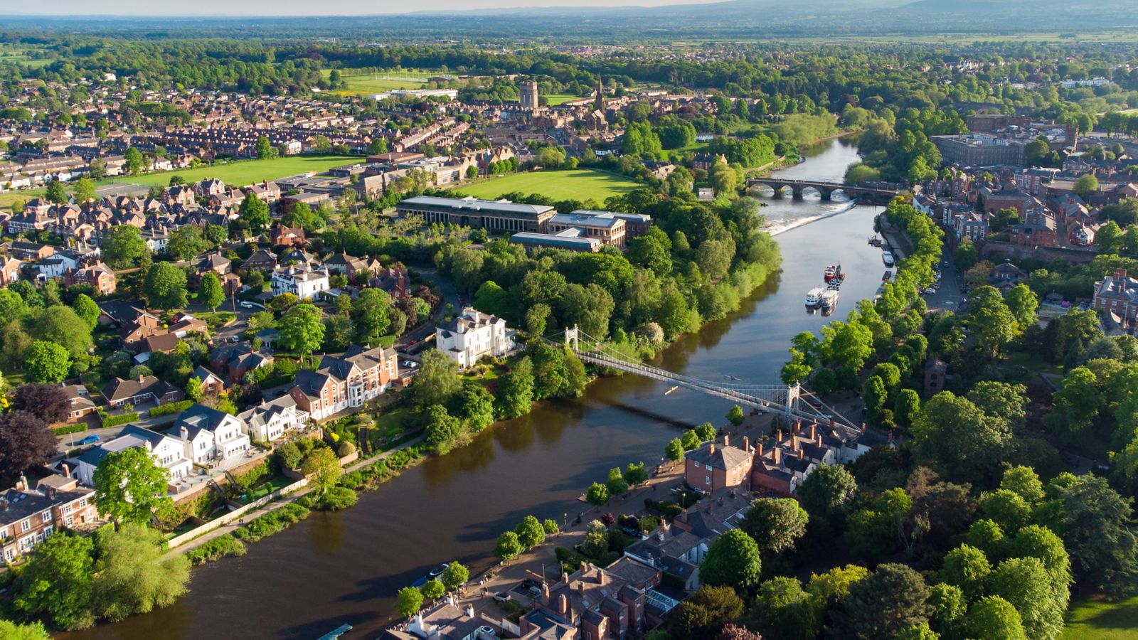 Dusk over Chester: River Dee, Queens Park Bridge, Old Dee Bridge