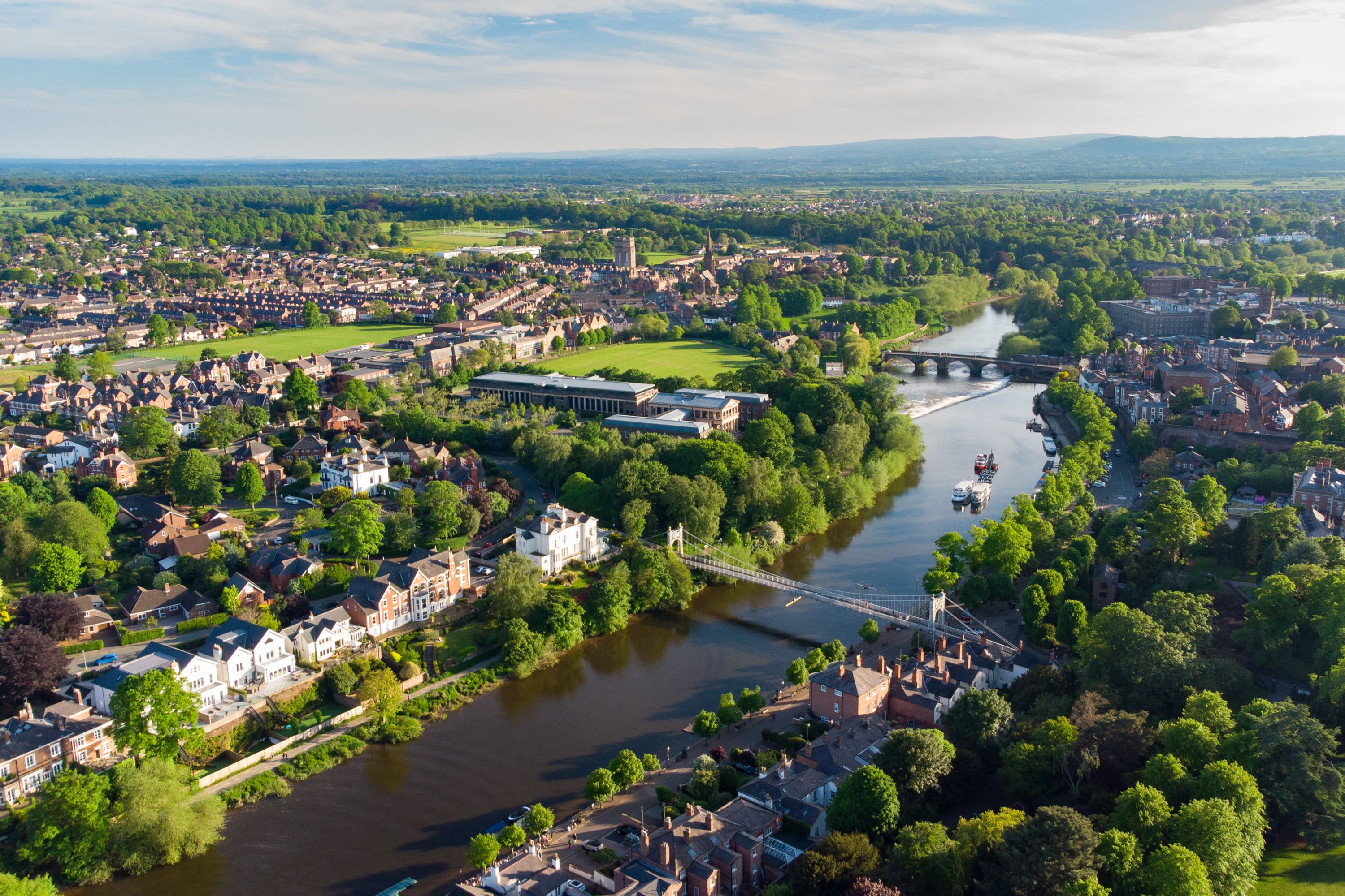 Dusk over Chester: River Dee, Queens Park Bridge, Old Dee Bridge