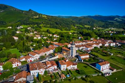 Ainhoa village, French Basque Country, amid rolling, verdant countryside