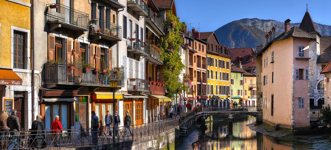 Colorful houses along canal in Annecy