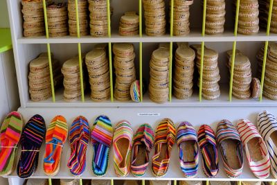 Colourful, striped espadrilles on display in a French Basque Country shop