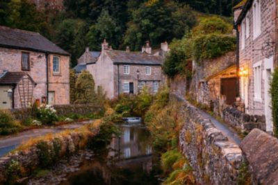 Stone bridge over Peakshole Water river in rustic Castleton village in the Peak District