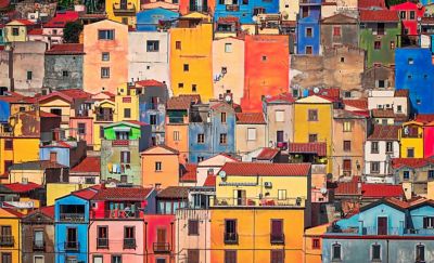 Rainbow-coloured houses on a hillside in Bosa, Sardinia