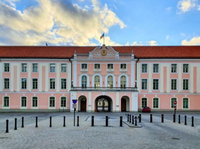 The pink Baroque parliament building on Toompea Hill in Tallinn Old Town