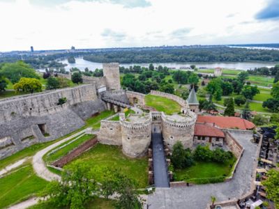 Ruined Belgrade Fortress overlooking Kalemegdan Park and the Danube and Sava rivers